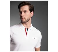 Poloshirt TRIGEMA "TRIGEMA Poloshirt mit dreifarbiger Knopfleiste", Herren, Gr. M, weiß, Piqué, 100% Baumwolle, Basic, ohne Ausschnitt, Shirts (53172656-M) weiß