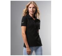 Poloshirt TRIGEMA "TRIGEMA Poloshirt mit Kristallsteinen", Damen, Gr. L, schwarz, Piqué, 94% Baumwolle, 6% Elastan, Basic, lang, ohne Ausschnitt, Shirts (15471752-L) schwarz