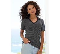 Poloshirt VIVANCE "aus strukturierter Strickqualität", Damen, Gr. 32/34, schwarz, creme, Strick, Obermaterial: 75% Baumwolle, 25% Polyester, gemustert, bequem, V-Ausschnitt, Shirts, schöne Strick-Qual