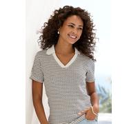 Poloshirt VIVANCE BY LASCANA "aus strukturierter Strickqualität", Damen, Gr. 40/42, creme, schwarz, Strick, Obermaterial: 75% Baumwolle, 25% Polyester, gemustert, bequem, V-Ausschnitt, Shirts, luftige
