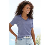 Poloshirt VIVANCE BY LASCANA "aus strukturierter Strickqualität", Damen, Gr. 44/46, blau, creme, Strick, Obermaterial: 75% Baumwolle, 25% Polyester, gemustert, bequem, V-Ausschnitt, Shirts Poloshirt, 