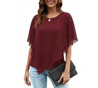 POMTIMCO Damen Chiffon Lose Fledermaus Bluse mit Kurzen Flatter ärmel Leichte Fließende Bluse Rundhalsausschnitt Doppellagige Poncho Tuniken