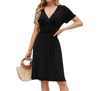 POMTIMCO Sommerkleider Damen Knielang Elegante Festliche Kleider Kurzarm Midikleid A-Linie V-Ausschnitt Freizeitkleid Schwarz XXL