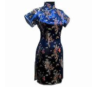 PONERY Cocktailkleider Für Damen - Frauen Sommer Kurze Kleid Chinesisch Satin Cheongsam Qipao Traditionelle Chinesische Kleid Orientalischer Stil Qipao Clubbing Kleid Party Brautkleider, Marinebla