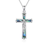 POPLYKE 925 Sterling Silber Kruzifix Kette Damen Jesus Anhänger Abalone Kreuz Schmuck Christian 18+2 Zoll