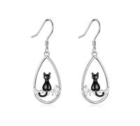 POPLYKE Schwarze Katze Ohrringe für Frauen 925 Sterling Silber Katze Fisch Teardrop Ohrringe Schmuck Geschenk für Mädchen