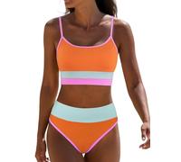 popvil Damen-Bikini-Set, hohe Taille, sportlicher zweiteiliger Badeanzug, Bauchkontrolle, frech, bescheiden, gerippt, Neon-Bikini, Neon-Orange, Medium