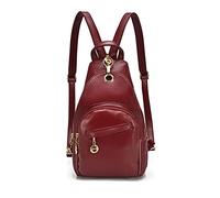 PORRASSO Damen Brusttasche Klein Rucksack Mode Sling Bag Frauen Schultertasche Wasserdicht PU Leder Crossbody Umhängetasche Reisen Wandern Sport Daypack Rotwein