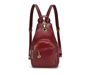 PORRASSO Damen Brusttasche Klein Rucksack Mode Sling Bag Frauen Schultertasche Wasserdicht PU Leder Crossbody Umhängetasche Reisen Wandern Sport Daypack Rotwein