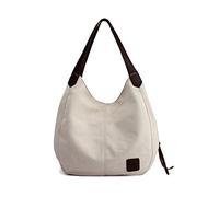 PORRASSO Damen Handtasche aus Segeltuch, Schultertasche, Vintage, Einkaufstasche, für Schule, Reisen, Arbeit, weiß, L, Vintage