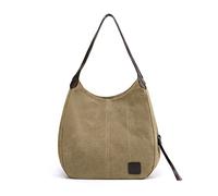 PORRASSO Damen Handtasche Canvas Hobo Schultertasche Mädchen Tote Bag Shopper Henkeltasche für Schule Reisen Arbeit Khaki