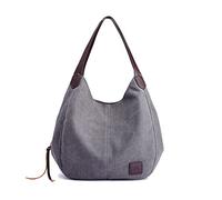 PORRASSO Damen Handtasche Canvas Hobo Schultertasche Mädchen Tote Bag Shopper Henkeltasche für Schule Reisen Arbeit Grau