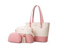PORRASSO Damen Handtasche Mode Schultertasche Henkeltaschen Frauen Groß Umhängetasche 3-teiliges Set PU Leder Shopper für Schule Arbeit Reisen Rosa