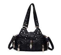 PORRASSO Damen Handtasche Mode Schultertasche Hobo Tasche Weiches PU Leder Umhängetaschen Frauen Henkeltaschen für Büro Schule Einkauf Schwarz