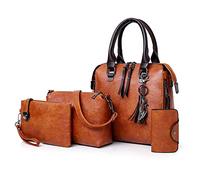 PORRASSO Damen Handtasche Retro Schultertasche Umhängetasche 4-teiliges Set Geldbörse Kartenhalter PU Leder Henkeltasche für Schule Arbeit Reisen Braun