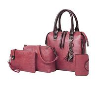 PORRASSO Damen Handtasche Retro Schultertasche Umhängetasche 4-teiliges Set Geldbörse Kartenhalter PU Leder Henkeltasche für Schule Arbeit Reisen Rosa