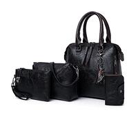 PORRASSO Damen Handtasche Retro Schultertasche Umhängetasche 4-teiliges Set Geldbörse Kartenhalter PU Leder Henkeltasche für Schule Arbeit Reisen Schwarz