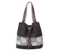 PORRASSO Damen Schultertasche Canvas Tote Umhängentasche Retro Kordelzug Beuteltasche Frauen Shopper Tasche Handtasche für Arbeit Schule Reise Täglicher Gebrauch Schwarz