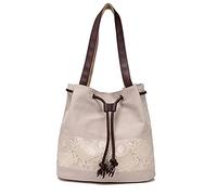 PORRASSO Damen Schultertasche Canvas Tote Umhängentasche Retro Kordelzug Beuteltasche Frauen Shopper Tasche Handtasche für Arbeit Schule Reise Täglicher Gebrauch Beige
