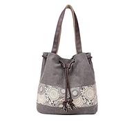 PORRASSO Damen Schultertasche Canvas Tote Umhängentasche Retro Kordelzug Beuteltasche Frauen Shopper Tasche Handtasche für Arbeit Schule Reise Täglicher Gebrauch Grau