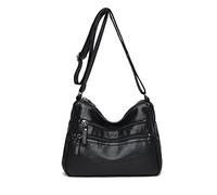 PORRASSO Damen Umhängetasche, mehrere Taschen, Umhängetasche, Messenger-Tasche, wasserdicht, aus Leder, Handtasche für Arbeit, Reisen, Einkaufen, den täglichen Gebrauch, Schwarz, L, Lässig, Vintage