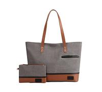 PORRASSO Handtasche Damen Brieftasche Canvas Schultertasche Groß Henkeltasche 2-Teiliges Set Shopper Tote für Arbeit Reisen Grau