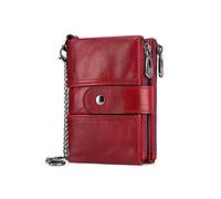 PORRASSO Leder Geldbörse RFID Schutz Damen Geldbeutel Kreditkartenetui mit Kette Multifunktional Portemonnaie Doppelte Herren Geldbörse Rot