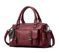 PORRASSO Retro Handtasche Damen Umhängetaschen Frauen Schultertaschen mit Anhänger Wasserdicht PU-Leder Henkeltasche Arbeit Reise Verabredung Boston Tasche Rotwein