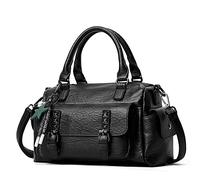 PORRASSO Retro Handtasche Damen Umhängetaschen Frauen Schultertaschen mit Anhänger Wasserdicht PU-Leder Henkeltasche Arbeit Reise Verabredung Boston Tasche Schwarz