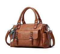 PORRASSO Retro Handtasche Damen Umhängetaschen Frauen Schultertaschen mit Anhänger Wasserdicht PU-Leder Henkeltasche Arbeit Reise Verabredung Boston Tasche Braun