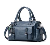 PORRASSO Retro Handtasche Damen Umhängetaschen Frauen Schultertaschen mit Anhänger Wasserdicht PU-Leder Henkeltasche Arbeit Reise Verabredung Boston Tasche Blau