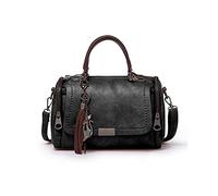 PORRASSO Retro Handtasche Damen Umhängetaschen Frauen Schultertaschen Wasserdicht PU Leder Henkeltasche Arbeit Reise Verabredung Boston Tasche Schwarz