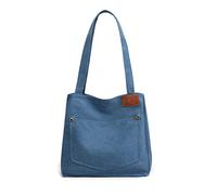 PORRASSO Segeltuch Schultertasche Damen Handtasche Mädchen Tote Bag Shopper Henkeltasche für Schule Arbeit Täglicher Gebrauch Blau