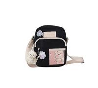 PORRASSO Süße Umhängetasche Mädchen Schultertasche mit Puppen-Anhänger Nylon Schulrachnzen Messenger-Tasche Crossbody Bag für Reisen Täglichen Gebrau Schwarz B