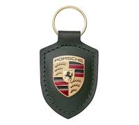 Porsche Leder Schlüsselanhänger mit Wappen in Eiche grün Metallic