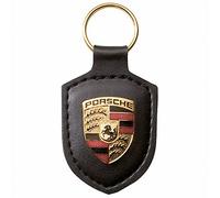 Porsche Original-Schlüsselanhänger, schwarzes Leder mit Metall, buntes Wappen in silberfarbener Porsche-Geschenkbox