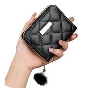 Portemonnaie klein Vintage Grid Damen-Geldbörse, bestickte Mini-Geldbörse mit Pompom-Schlüsselanhänger, Metall-Kartenhalter, Münztasche(Black)