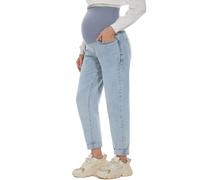 POSHGLAM Damen Umstandsjeans über Bauch Bequeme Stretch Boyfriend Jeans Denim Schwangerschaftshose S-XXL, Hell, blau, S