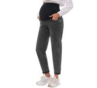 POSHGLAM Damen Umstandsjeans über Bauch Bequeme Stretch Boyfriend Jeans Denim Schwangerschaftshose S-XXL, A03 Washed Black, X-Groß