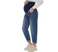 POSHGLAM Damen Umstandsjeans über Bauch Bequeme Stretch Boyfriend Jeans Denim Schwangerschaftshose S-XXL, A02 Dunkelblau, Groß