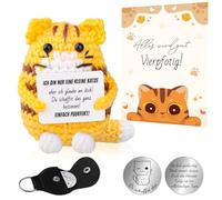 Positive Geschenke Gehäkelte Katze, Emotional Support Positive Katze mit Motivationskarte Schlüsselanhänger, Pocket Hug Handgemachte Strickpuppe, Glücksbringer Geschenke für Freunde Kollegen (Gelb)