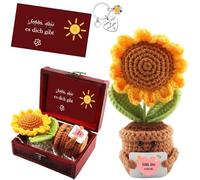 Positive Geschenke, Pocket Hug Deutsch Emotional Support mit Schatztruhe Schlüsselanhänger & Grußkarte, Dankeschön Geschenk Gestrickte Sonnenblume, Glücksbringer Geschenke für Freunde Kollegen (B)
