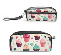 POTSCBVW Cupcake Candy Hearts Sweet Pencil Case Large Capacity with Two Compartments, Zipper Leather Pencil Pouch, Portable Travel Cosmetic Bag for Women Men