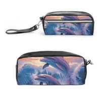 POTSCBVW Delphins Art Federmäppchen Große Kapazität mit zwei Fächern, Reißverschluss Leder Bleistiftbeutel, Tragbare Reise Kosmetiktasche für Damen Herren