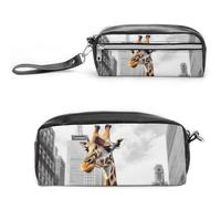 POTSCBVW Giraffe in New York Federmäppchen Große Kapazität mit Zwei Fächern, Reißverschluss Leder Bleistiftbeutel, Tragbare Reise Kosmetiktasche für Damen Herren