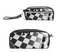 POTSCBVW Schwarz-weißes Schachbrett-Federmäppchen, große Kapazität mit zwei Fächern, Reißverschluss, Leder-Bleistifttasche, tragbare Reise-Kosmetiktasche für Damen und Herren