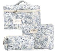 POWZOO 3PCS Set Reise Kosmetiktasche Mädchen,Baumwolle Kulturbeutel Set,mit Blumenmuster,Kulturtasche Damen,Kulturbeutel Make Up Tasche,Tragbare Schminktasche,für Kinder Damen,Alltag und Reisen (Blau)