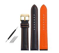 Poyuad 18 mm, 20 mm, 21 mm, 22 mm, 23 mm, 24 mm, 20 cm lang, Unisex-Lederarmband, Kohlefaser-Maserung und rote und orange Nähte, austauschbares Zubehör,Schwarz Orange Gold,19 mm