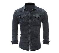 PPPPA Fashion Herren Jeanshemd Ausgewaschen gerippte Arme Dehnbare Men's Denim Blue Black Jean Shirt Band Collar Comfort Fit Front Pockets Herren Langarm Jeans-Hemd Denim Freizeit-Hemd Shirt