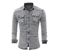 PPPPA Fashion Herren Jeanshemd Ausgewaschen gerippte Arme Dehnbare Men's Denim Blue Black Jean Shirt Band Collar Comfort Fit Front Pockets Herren Langarm Jeans-Hemd Denim Freizeit-Hemd Shirt